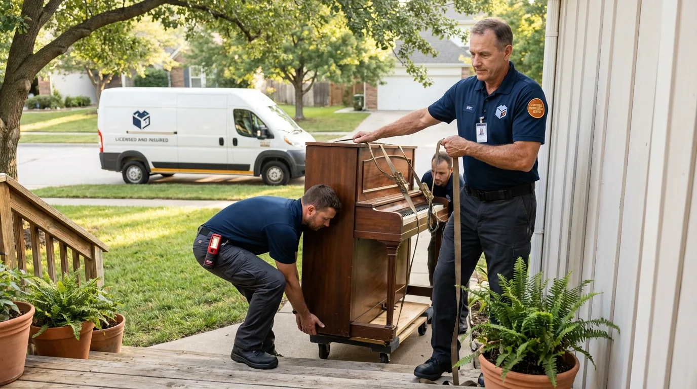 Licensed piano movers securing grand piano in Nettleton, MS