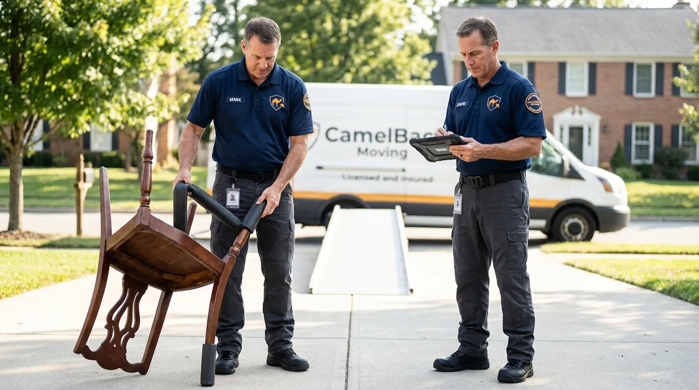 Movers inspecting furniture for damage prevention before loading in Nettleton, MS